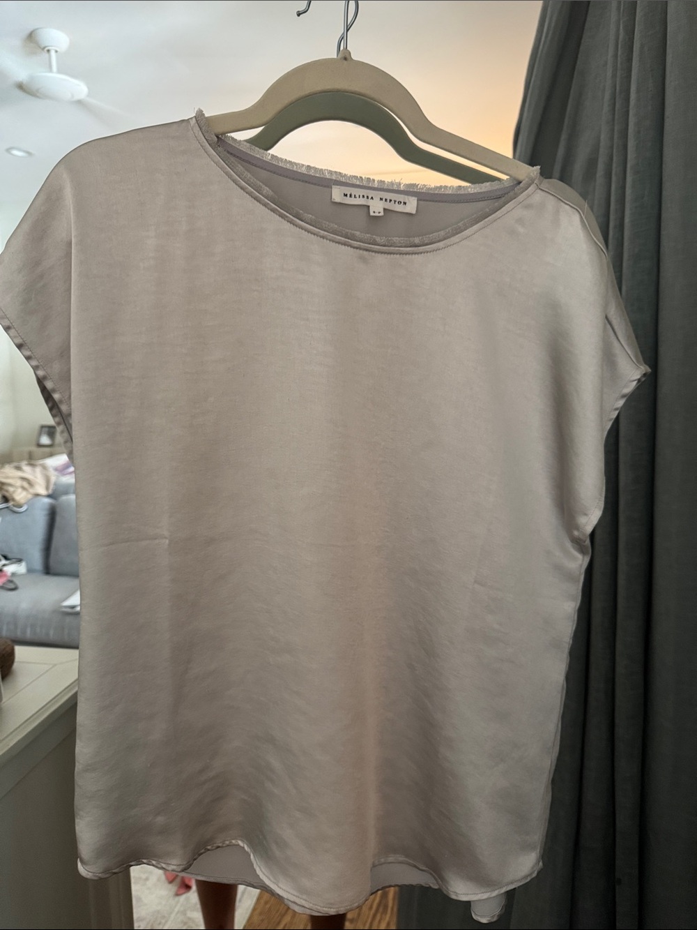 MELISSA NEPTON Taupe Satin Short-Sleeve Blouse